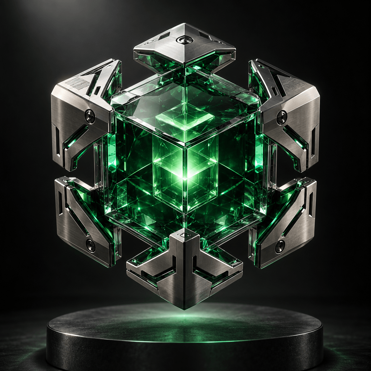 An emerald cube inside a machined exoskeleton.