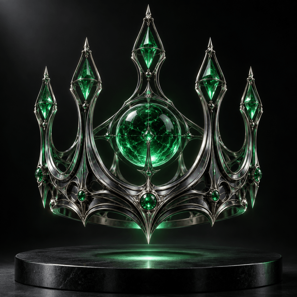 A dark platinum crown with six floating emerald prisms.