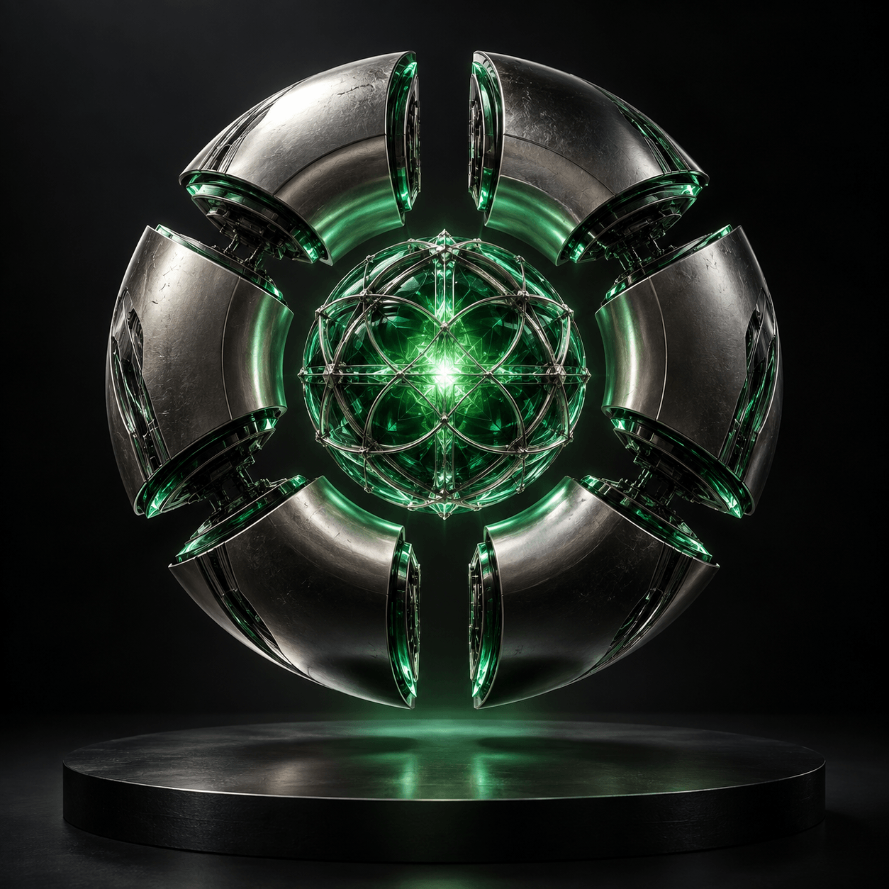 A split titanium torus reveals an emerald lattice sphere.