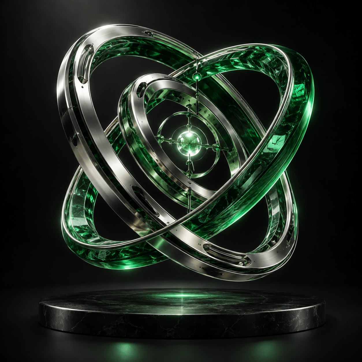 Three orbital rings of silver and green glass.
