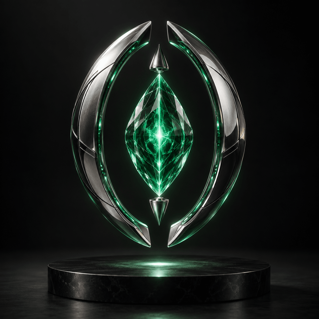 An emerald seed inside a titanium ring.
