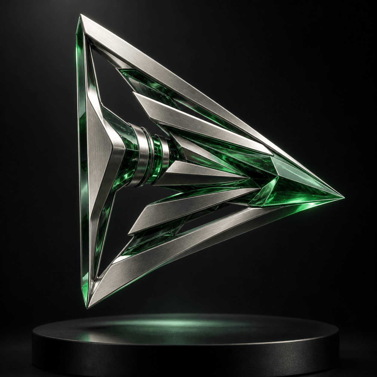 A platinum and green-glass vector in a triangular frame.